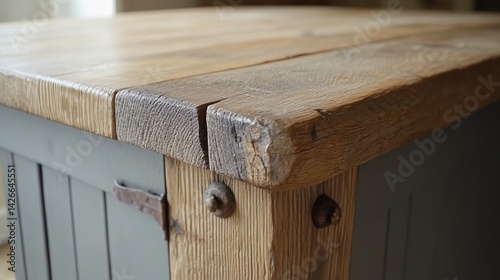 Close-up of a rustic, painted kitchen corner cabinet.