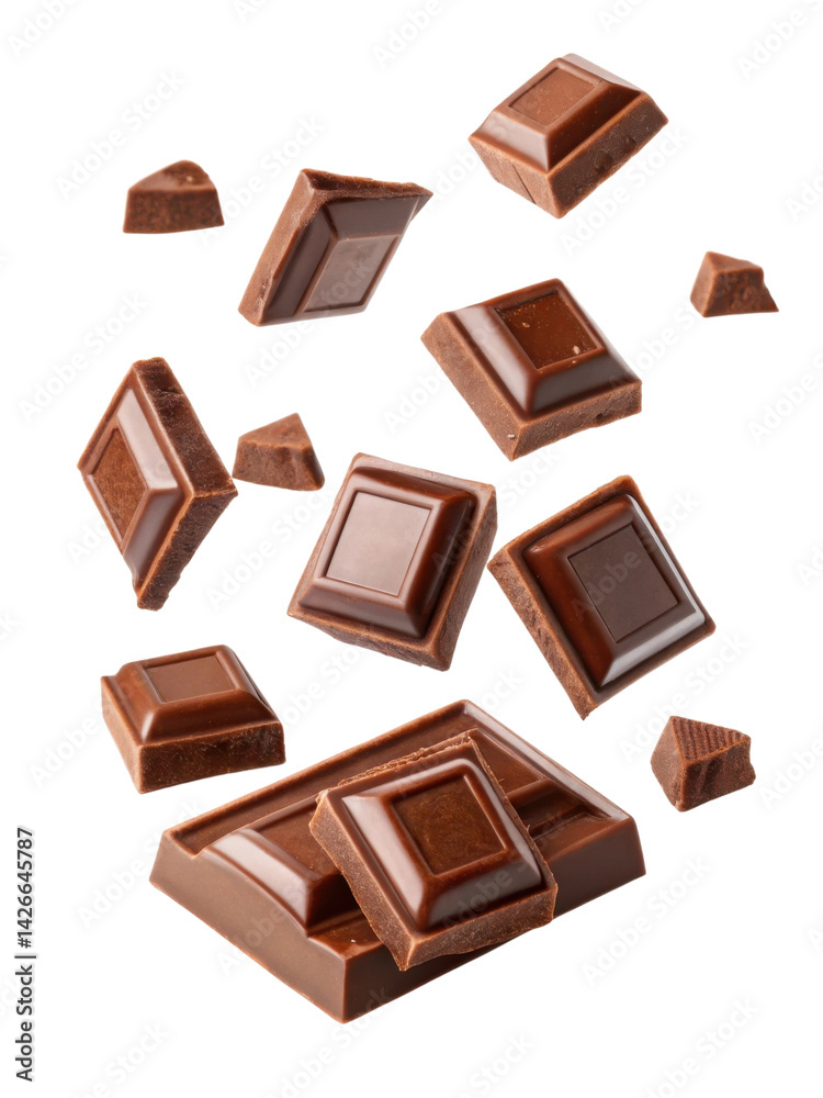 Falling chocolate pieces create delightful cascade of rich, smooth indulgence Falling chocolate pieces create delightful cascade of rich, smooth indulgence