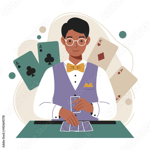 Man playing poker card game with aces and king cards in casual outfit and glasses vector illustration 