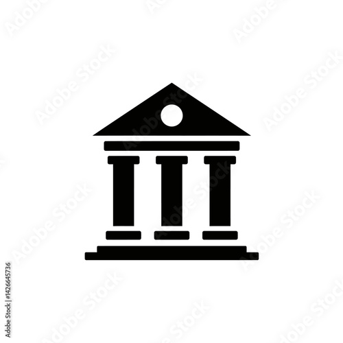 A simple black illustration of a building with three pillars topped with a triangular roof