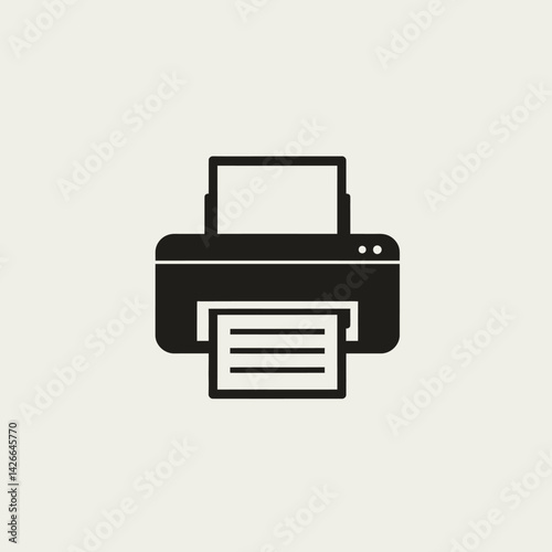 A simple black printer icon The paper tray contains a printed document