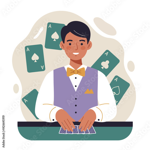 Young male poker dealer with bow tie and playing cards in casino setting vector illustration 
