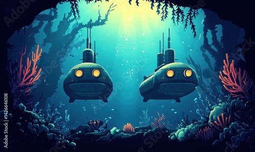 Underwater scene featuring two futuristic submarines exploring vibrant coral reefs photo