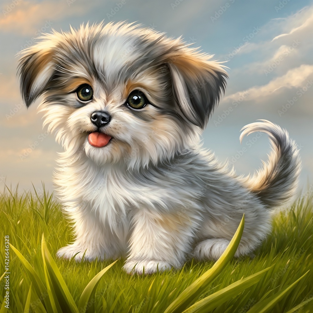 Cute puppy playing in a grassy field under a blue sky