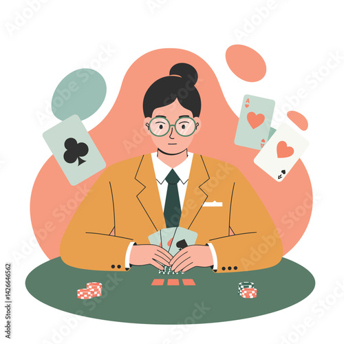Woman playing poker card game with orange jacket and green tie in casual indoor setting vector illustration 