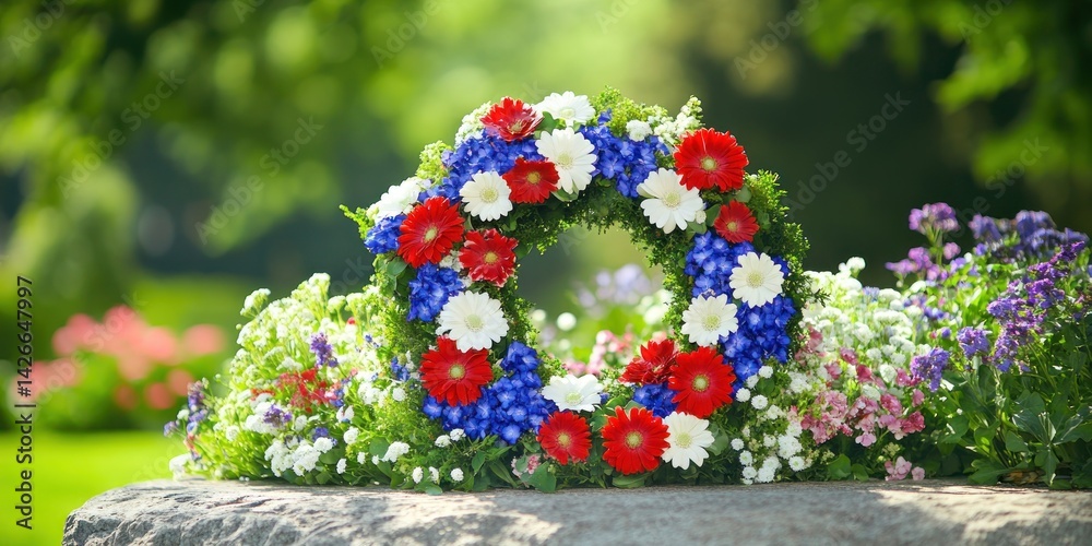 A respectful floral wreath in patriotic colors adorns a memorial plaque in tribute and remembrance