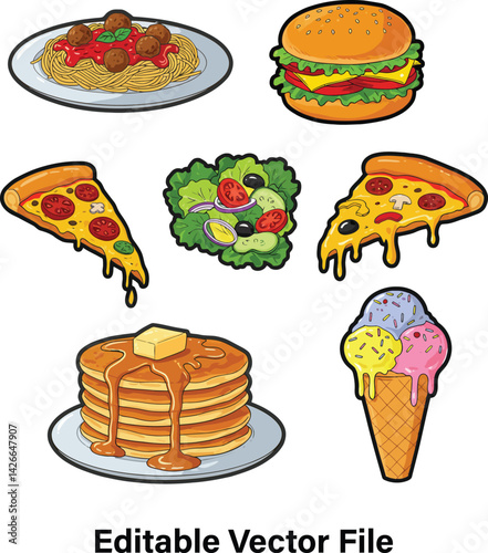 Delicious Food Vector Icons – Editable Fast Food Clipart Set for Menu and Restaurant Design
