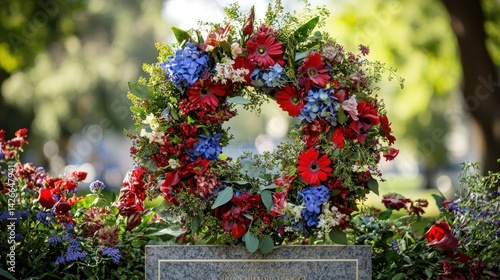 Wreath of red white and blue flowers hung on memorial plaque as tribute of honor and remembrance photo