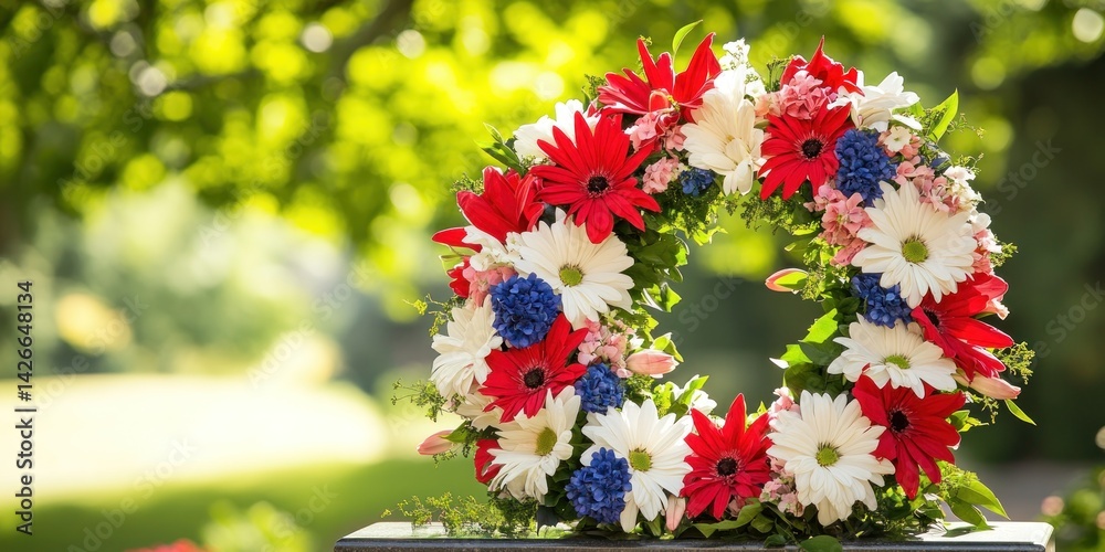 A wreath made of red, white, and blue flowers hung on a memorial plaque.