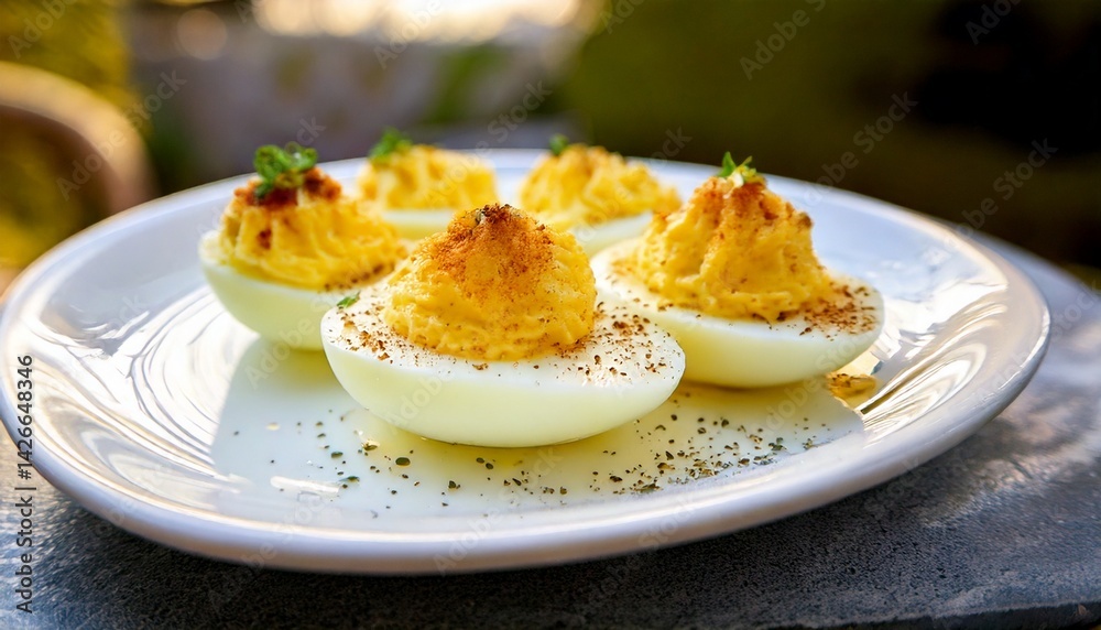Close up photo of Deviled Egg on a white plate with a blurry background Close up photo of Deviled Egg on a white plate with a blurry background