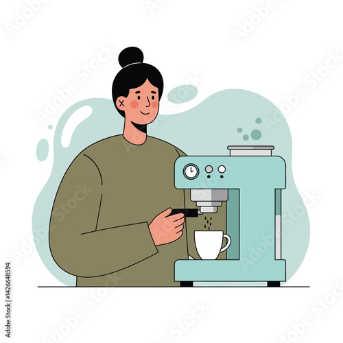Woman using coffee machine preparing hot beverage in casual setting vector illustration 