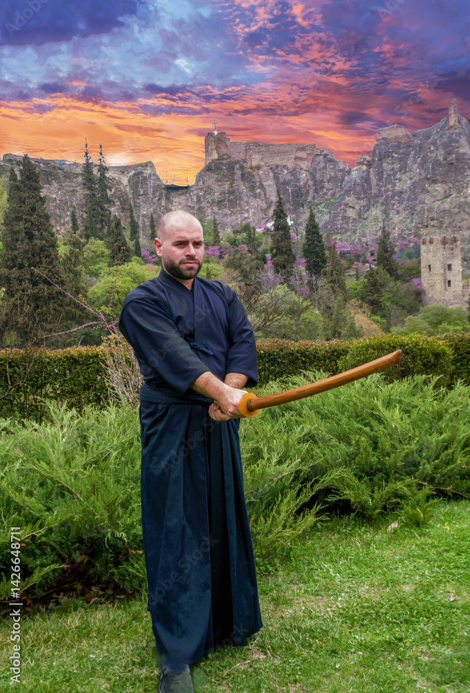 Fighter with wooden sworf KENDO on awe background of mount and fort