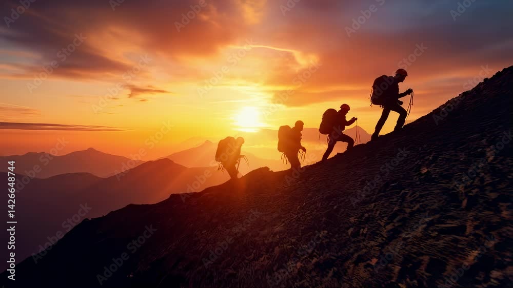 Silhouetted hikers ascend mountain at sunrise