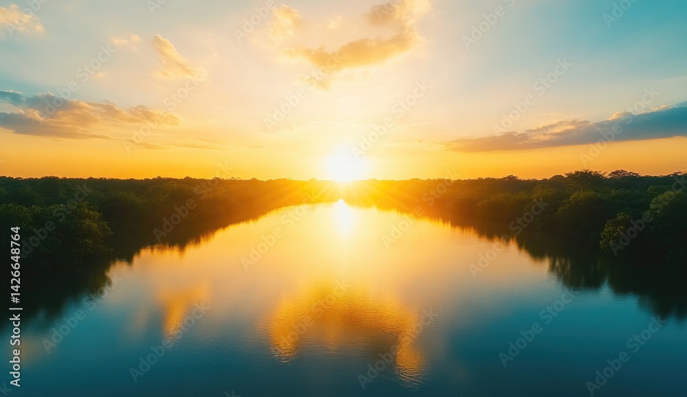 Golden Sunset Reflecting on Calm Water with Lush Green Vegetation Golden Sunset Reflecting on Calm Water with Lush Green Vegetation