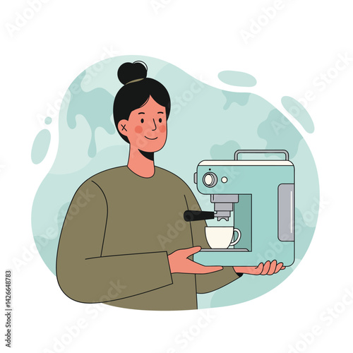 Woman making coffee with espresso machine holding cup and saucer vector illustration in casual style 
