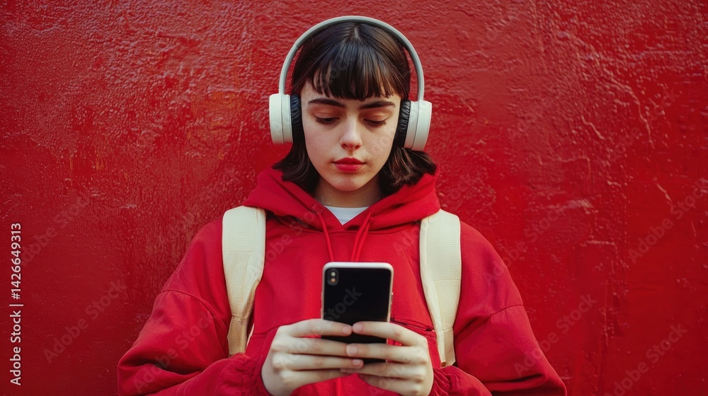 Young Person with Headphones and Smartphone Scrolling Political News on Social Media Symbolizing Modern Political Awareness