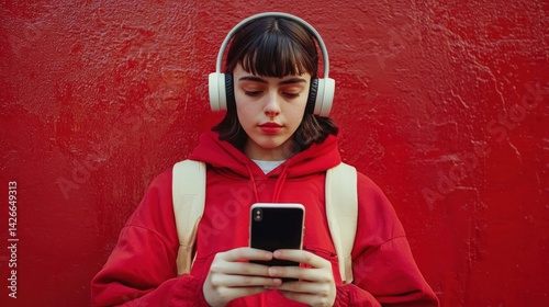 Obraz na płótnie Young Person with Headphones and Smartphone Scrolling Political News on Social Media Symbolizing Modern Political Awareness w salonie
