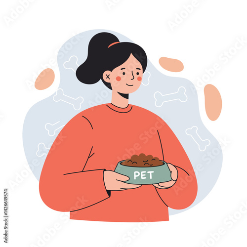 Woman holding pet food bowl with dog food illustration in casual style and warm colors 