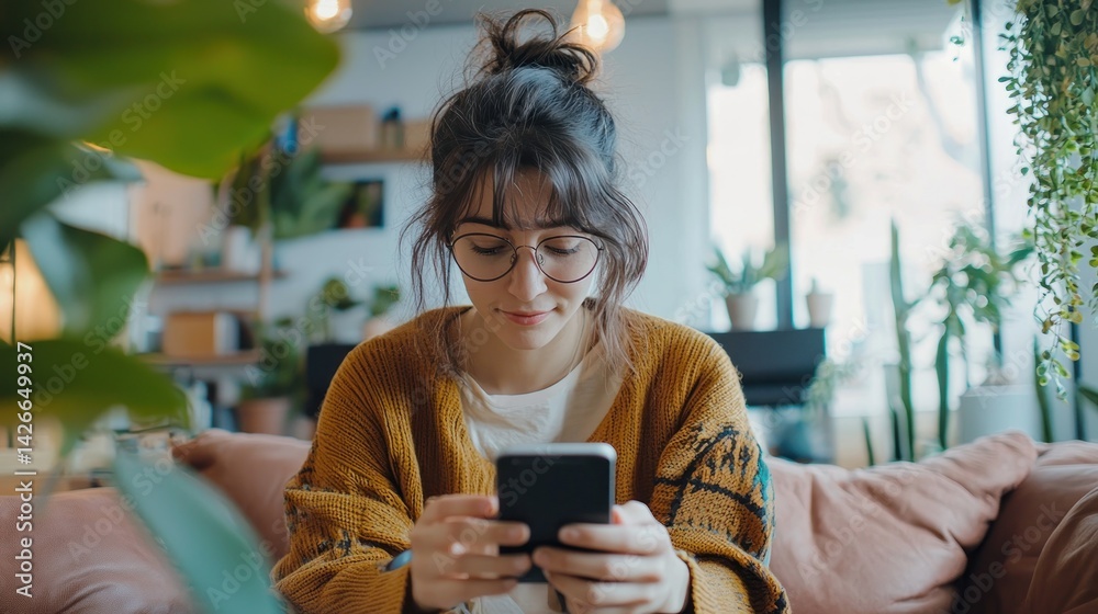 Young professional uses AR to view 3D furniture in living room
