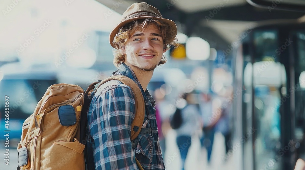 Young Traveler with Backpack Boarding Bus at City Station Scene