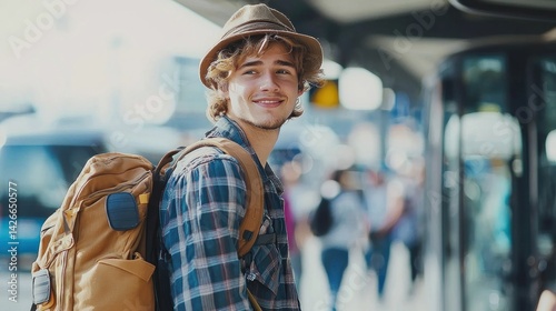 Obraz na płótnie Young Traveler with Backpack Boarding Bus at City Station Scene w salonie
