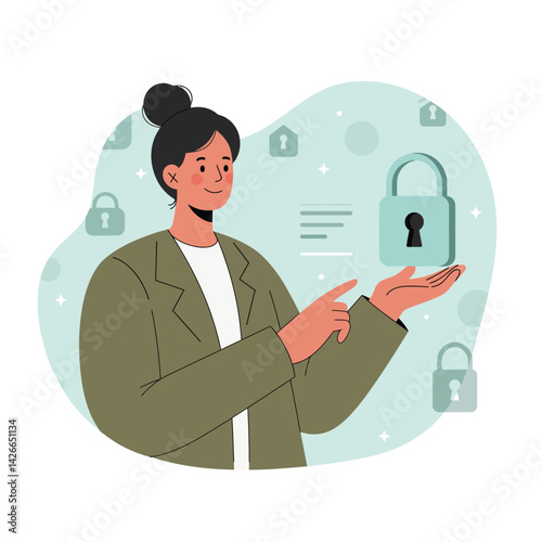 Woman demonstrating digital security concept with floating padlock icon in green background vector illustration 