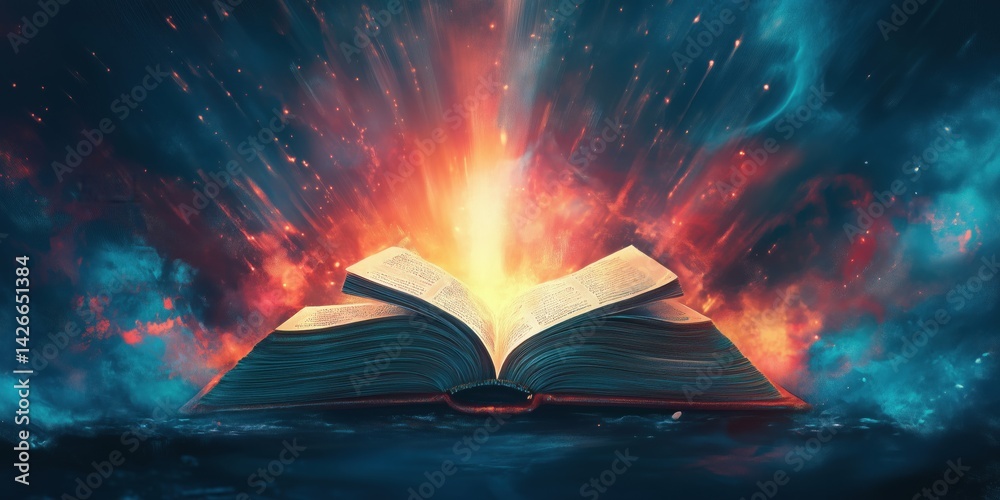 Obraz premium Open book radiating light and energy in cosmic explosion background