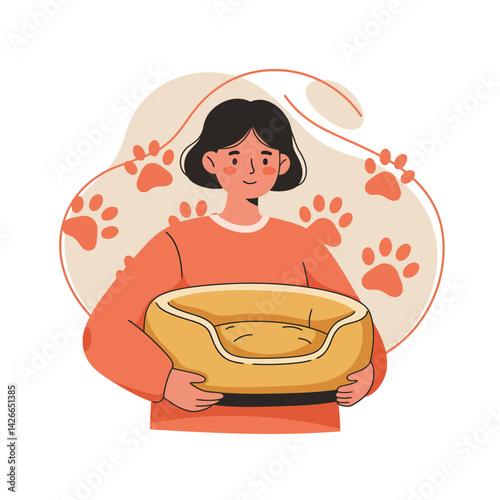 Woman Holding Pet Bed with Paw Prints in Orange and Beige Colors Vector Illustration for Pet Care and Comfort 