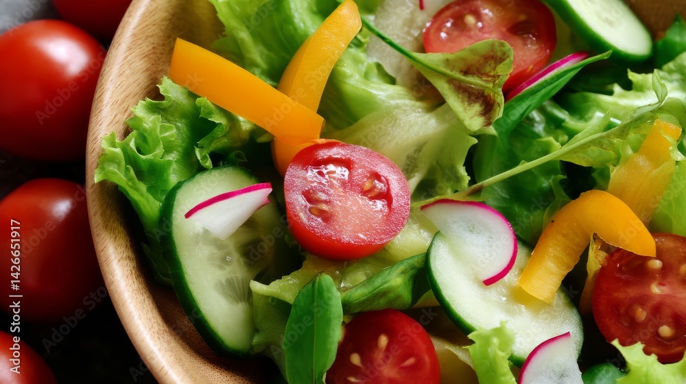 Fresh Vegetable Salad with Colorful Ingredients in Wooden Bowl