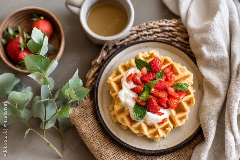 Cozy Rustic Setting with Homemade Waffle Topped with Strawberries