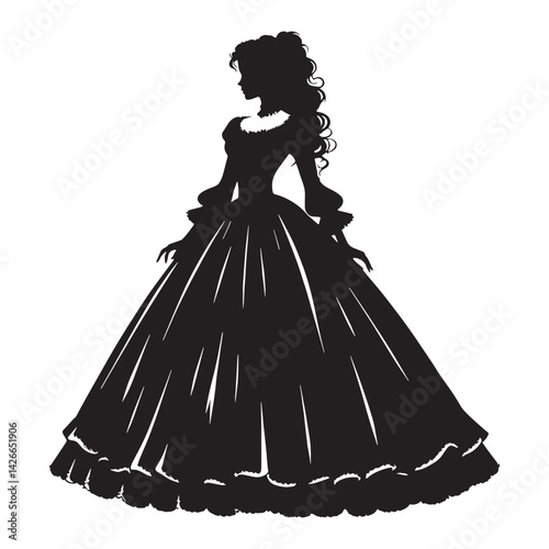 Dark romance Victorian Gothic Dress silhouette, classic and timeless – Victorian Gothic Dress illustration – Minimalist Victorian Gothic Dress vector – Ladies dress silhouette

