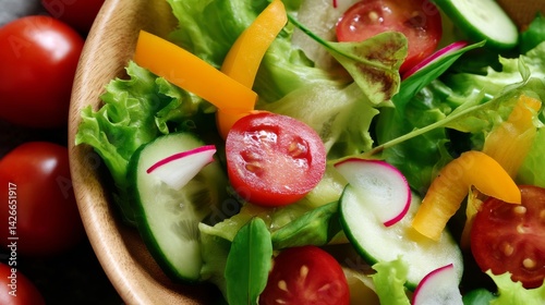 Obraz na płótnie Fresh Vegetable Salad with Colorful Ingredients in Wooden Bowl w salonie
