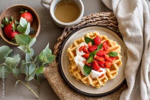 Obraz na płótnie Cozy Rustic Setting with Homemade Waffle Topped with Strawberries w salonie