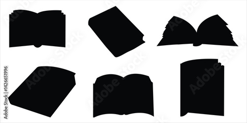Black Book Silhouette Icons Set – Vector Library, Reading, Literature Illustrations