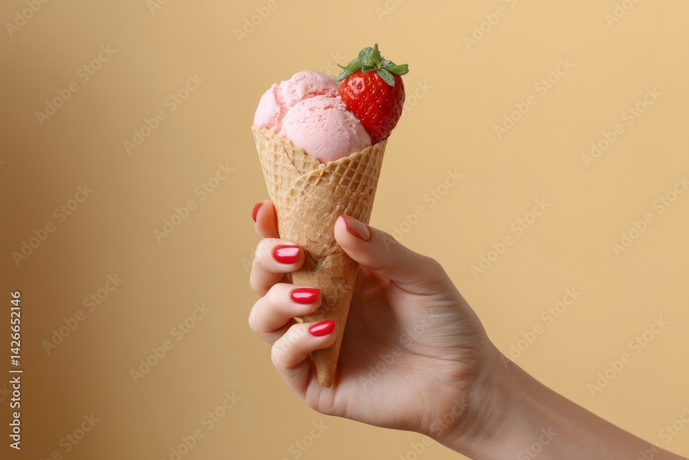 Young Woman Hand Holding Strawberry Ice Cream Cone on Beige Background