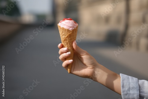 Obraz na płótnie Female Hand Holding Strawberry Ice Cream Cone in Summer Sunshine w salonie