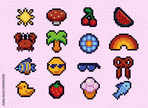 Set of summer pixel art speech bubbles and icons. Retro game style dialogue box and elements vector collection. Pixels Y2k trendy playful stickers. 8bit. Mood of 90's aesthetics