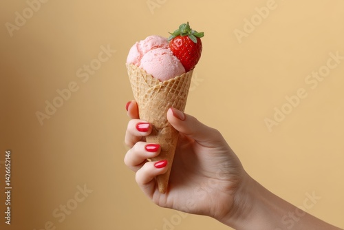Obraz na płótnie Young Woman Hand Holding Strawberry Ice Cream Cone on Beige Background w salonie