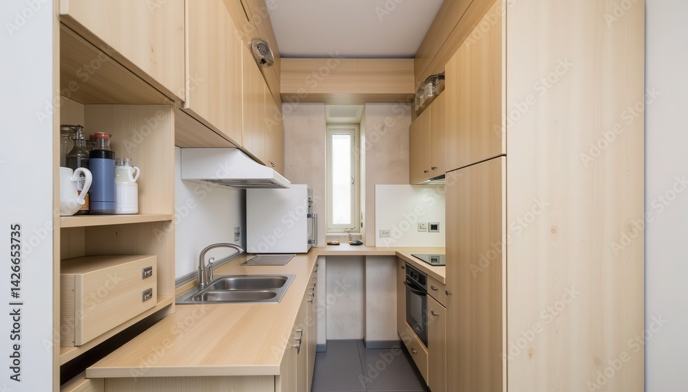 A compact kitchen with hidden storage solutions and fold down countertops.