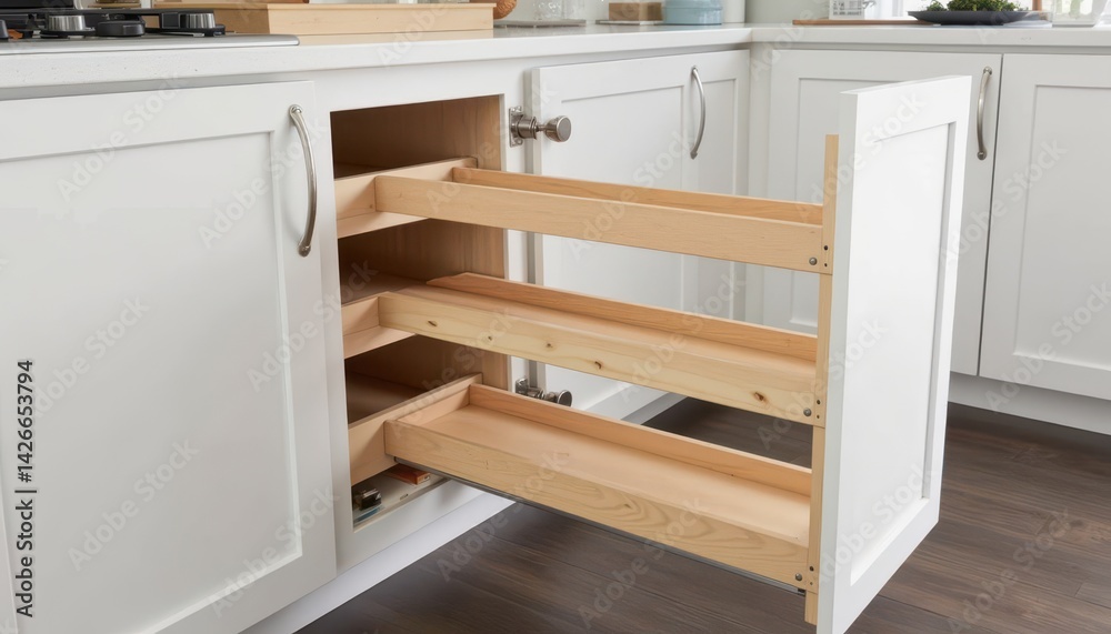 Fototapeta premium A compact kitchen with a pull out pantry and hidden drawer pulls.
