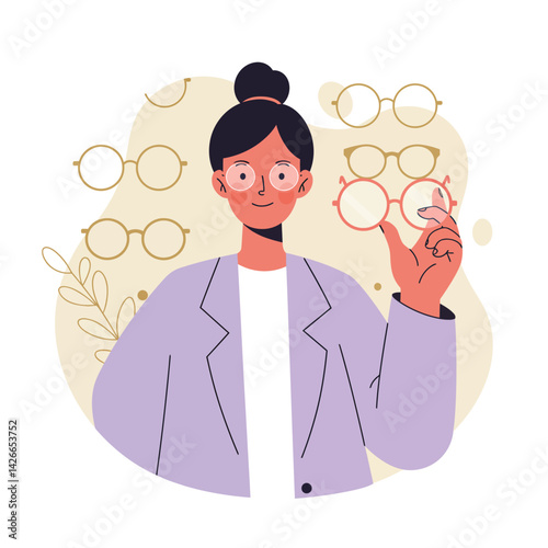 Woman choosing eyeglasses with various styles and frames in background vector illustration 