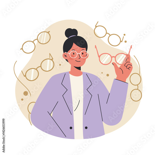 Woman choosing eyeglasses wearing lavender jacket and round glasses in eyewear store vector illustration 