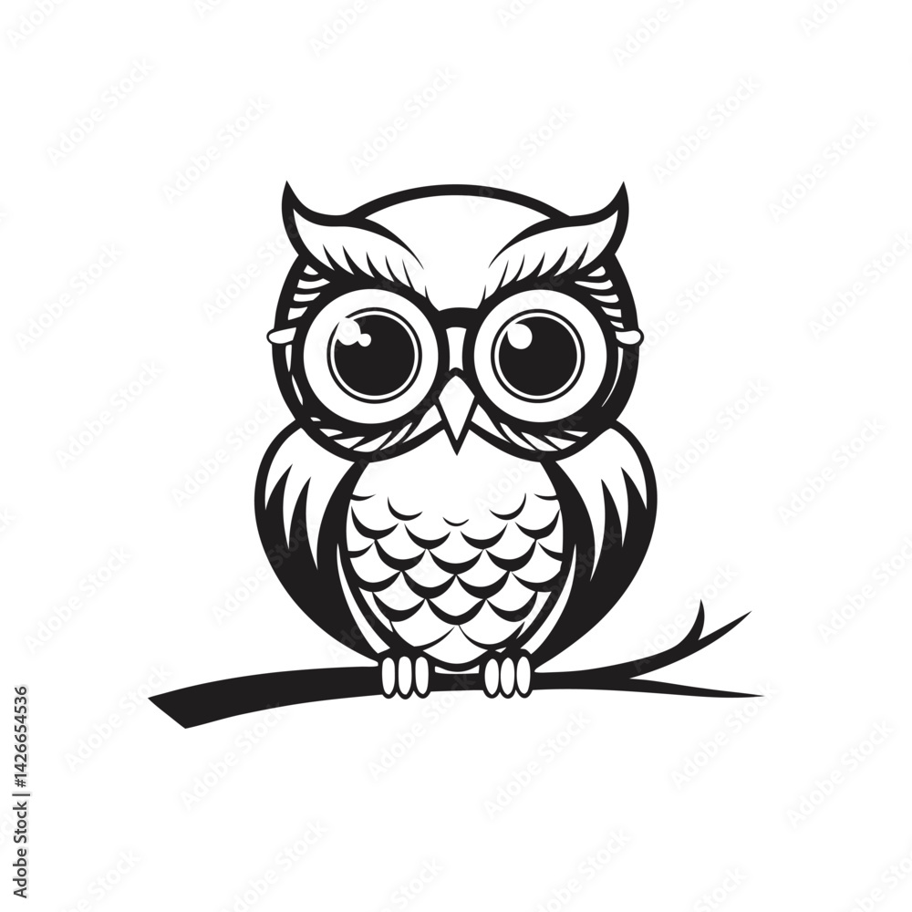 Black and White Owl on Branch, Simple Line Art Design, Minimalist Graphic Black and White Owl on Branch, Simple Line Art Design, Minimalist Graphic