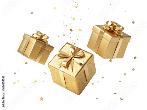 Golden gift boxes with ribbons and scattered stars create festive atmosphere