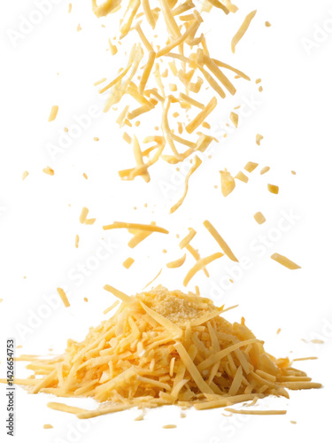 Grated cheese falls gracefully, creating delicious pile that enhances any dish with its rich flavor and texture © DigitalDreamScapes