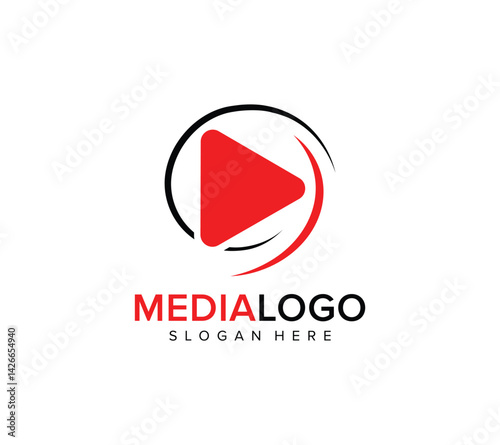 Red color media logo, film, media icon, media film, and video play, play button vector logo design
