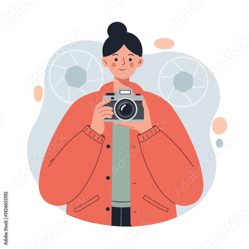 Woman holding camera taking photo in casual outfit with bun hair style vector illustration 