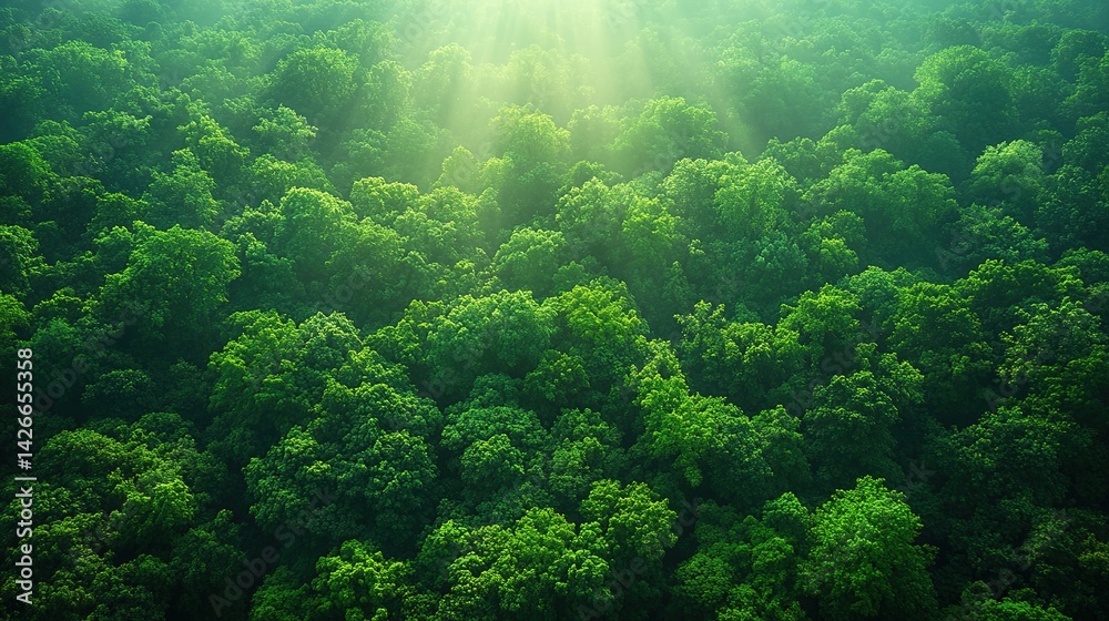 Obraz premium Lush green forest canopy. Sunlight filters through dense foliage. Aerial view