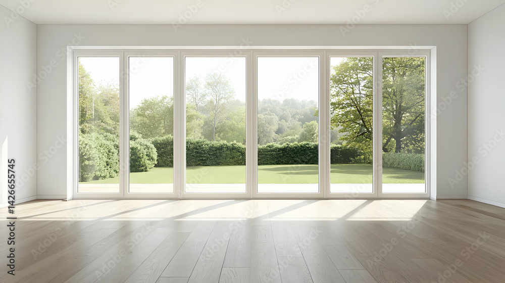 Fototapeta premium Bright Empty Room With Large Windows And Garden View