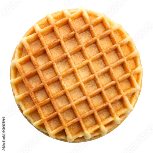 Golden brown round waffle isolated on white background, top view of toasted Belgian waffle, delicious breakfast pastry with grid texture